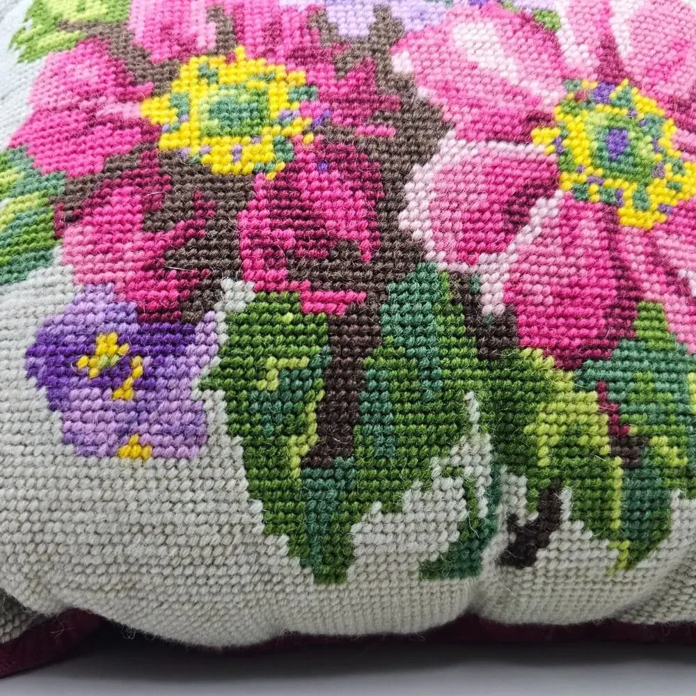 Vintage Floral Needlepoint Throw Pillow Velvet Back 11x11 Boho Cottagecore Pink